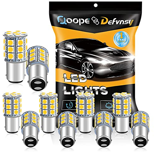 Qoope DEFVNSY - Paquete de 10 - Bombillas LED Blanco cálido 3000K 1142 BA15D 5050 27-SMD Lámparas para 12V Interior RV Camper Remolque Iluminación Barco Yard Luz Freno Bombillas traseras