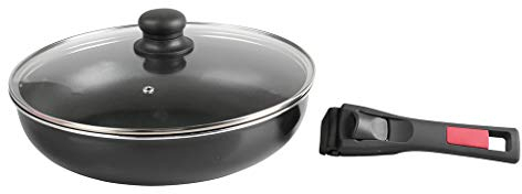 Sitram 712380 Sauteuse Agile 28 cm en aluminium revêtement noir anti-adhérent sans PFOA - manche amovible clipsable - couvercle en verre - tous feux dont induction, 3 liters, Noir