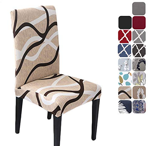 HZDHCLH Stuhlhussen 6er Set Stuhlbezüge Stretch abnehmbar, waschbar, Esszimmerstuhl-Schutzsitz für Hotel Restaurant Küche Hochzeitsfeier（Off-White/Linienmuster/6 Stück