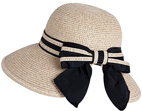 Comhats Halmhatt med brett brätte för kvinnor, vikbar sommarhatt med fluga, strand, lämplig för hästsvans, UPF 50, 89016_Beigemix, L