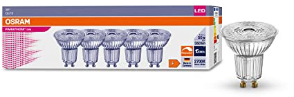 OSRAM Bombillas reflectoras LED regulables con casquillo GU10, ahorro de energía, 50 W, muy larga vida útil (25.000 H), ángulo de haz de 36°, blanco cálido, PAR16 50 36°, 4,5 W/2700 K, GU10 en paquete