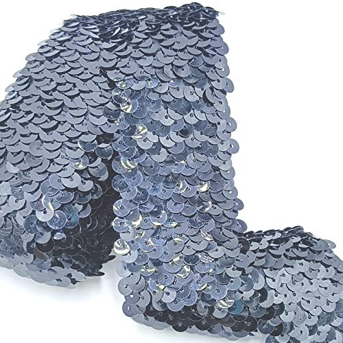 YOOGCORETT 2 Meter schwarzes elastisches Paillettenband, glitzernd, metallisch, dehnbar, flache Pailletten zum Nähen von Kleidern, Kostümen, Verzierungen, Stirnband und Basteln, Pailletten, 4,7 cm
