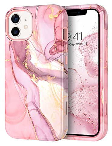 YINLAI for iPhone 12 Case - Marble Pattern 3 in 1 Full Body Rugged Soft Silicone Shockproof Protection Girly Case for iPhone 12 Pro/12, Rose Gold Pink