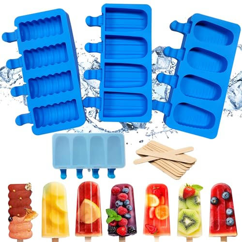 3 stampi per ghiaccio in silicone, 12 Cavità per Ghiaccioli stampo per gelato, per alimenti, gelato, frutta, dessert, stampo per cioccolato con 50 bastoncini di legno