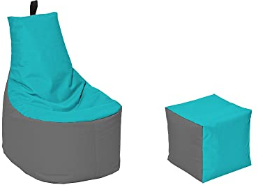 MILLINDABAG Modern Sitzsack für Kinder und Erwachsene Sessel Kissen In & Outdoor Gaminggeignet & bereits gefüllt Sitzkissen Bodenkissen (Anthrazit - Türkis, XL - Durchmesser 65 cm mit Hocker)