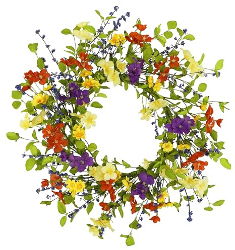 YNYLCHMX 18 Spring Summer Wreaths for Front Door, Artificial Floral Wreath with Colorful Wild Flowers Dicotyledons Berries, Green Foliage Wreath for Wall Window Farmhouse Party Holiday Home Decor