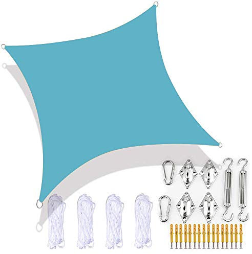 PROPFE Sun Shade Sail Rectangle, 15 Sizes 15 Colors Garden Canopy With Hardware Fixing Kit, 4 Tie Ropes, Waterproof, UV Block, Washable, Patio Sunscreen Awnings For Hot Tub Pergola,light blue,6x6m