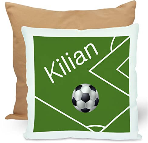 CreaDesign, Kinder Kissen 40x40 cm personalisiert mit Namen, Kinderzimmer Deko Kissen Kinder mit Füllung Federn, Motiv Fußball, Rückenfarbe Beige