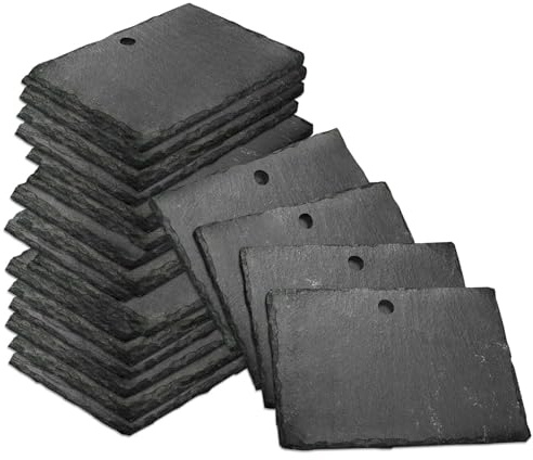 mtb more energy 20er Set Schiefer Schilder Täfelchen - 10x7 cm - Rechteckig mit Loch - zum selbst Beschriften für Garten, Haushalt, Basteln, Geschenke