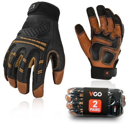 Vgo... Heavy Duty Work Gloves Men,Goat Leather,Water Repellent,Rigger Gloves,Anti-Vibration,Touchscreen (2 Pairs,L,Brown,GA8954)
