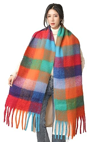 Wambere Damen Schal, Kariert übergroßer Winter SchaltuchKaro Schultertuch Plaid Deckenschal Modeschal Weich Warm Strickschal Oversized Herbstschal Warme Winter Stola mehrfarbig,Regenbogengitter