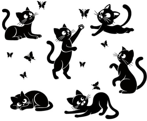 Autocollant mural chat et papillon ludique – Autocollant humoristique félin, décoration d'intérieur dynamique, noir