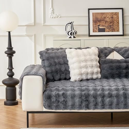 Gluhbirnen Kaninchen Plüsch Sofabezug, Sofa überwurfdecke, Sofa Überwurf, Sofaschoner rutschfest, Warmer Super Weicher Plush Sofabezug, Schwarzgrau, 90 * 180CM