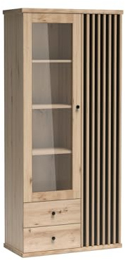 KIER FURNITURE Cali - Vitrine, Hochschrank - Regal - Bücherregal, Sideboard, Beine, Metall, Schwarz, MDF, Glas - Kommode, Wohnzimmer Möbel, Wohnzimmerschrank, Vitrinenschrank, Schublade, Lamellentüren