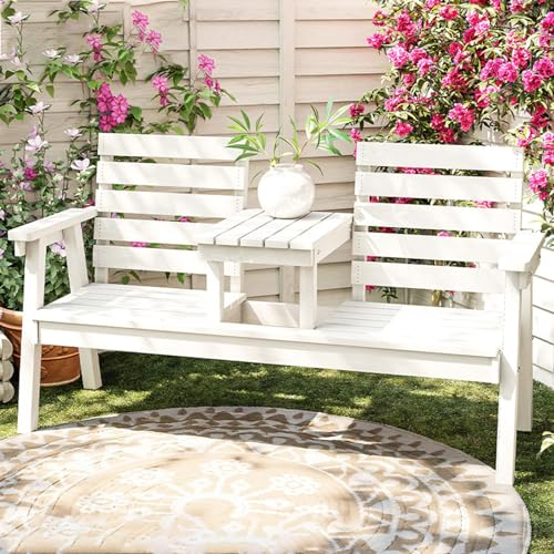 GAMAK Gartenbank Holz Massiv Rustikal, Gartenbank Wetterfest mit Kleinem Couchtisch, für Garten Vorgarten Stadt Dorf Gemeinde Massiv und Robust Eigenmontage (Color : White)