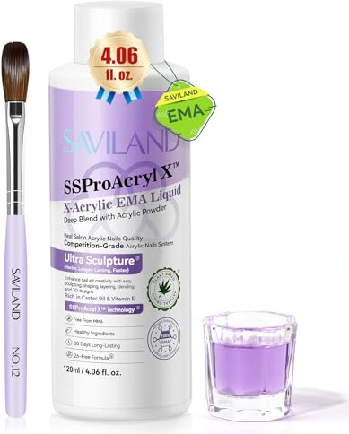 Saviland Monomer For Acrylic Nails: 120ml Pure EMA Acrylic Liquid Castor Oil Vitamin E Acrylics Monomer Liquid with 12# Nail Brush Dappen Dish for Professional Extension DIY