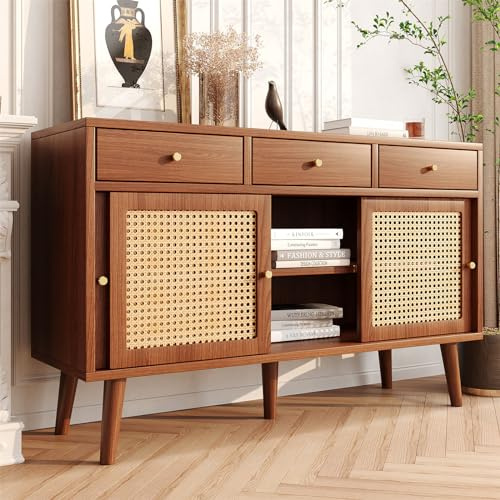 Buffet avec tiroirs et Portes, Façade d'armoire en rotin ajouré avec 4 Pieds massifs en Noyer, Armoire avec étagères réglables pour Salon, Cuisine 120x40x78 Cm(Color:Brown+3 Doors)