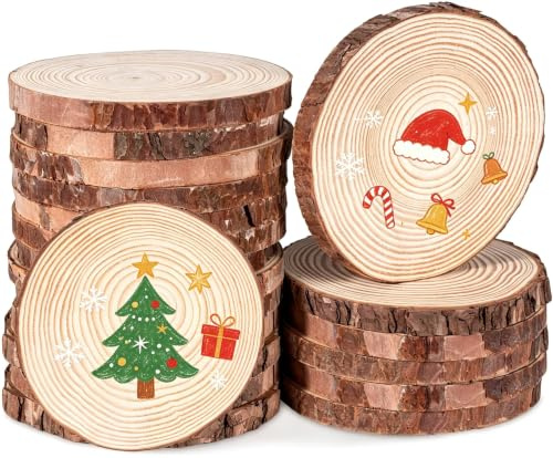 20 Stück Holzscheiben, BetterJonny Rund 10-12cm Holz Log Scheiben Kit mit Loch Unvollendete Holzkreise für DIY, Basteln, Hochzeit, Weihnachten Dekoration
