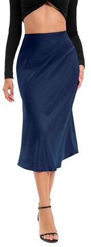 Oyamiki Ladies Summer Skirts Knee Length Navy Blue Silky Skirt Zipper Aline Ruffle Skirt, XL