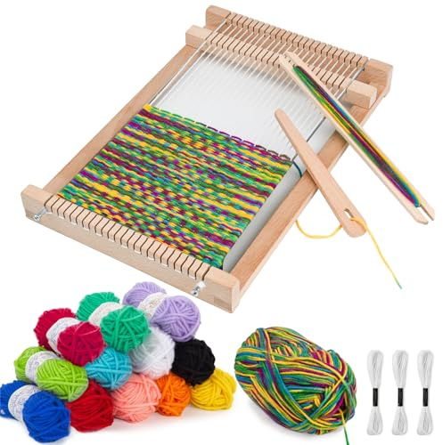 LYKTRIX Telaio Per Bambino,Telaio di Legno per la Tessitura, Fornito di Fili, Pettine, Navetta e Lana Filata per Principianti e Bambini - Dimensioni 29 x 19 cm