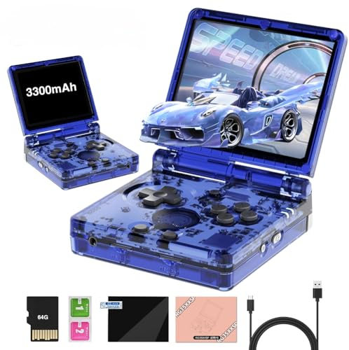 RG35XXSP Console De Jeux Portable, Ecran IPS 3.5 Pliable Console Portable Supporte WiFi, Bluetooth et La Sortie TV HD, 64G 5000+ Jeux 30+ Émulateur Système Linux 3300mAh Batterie Emulateur Console