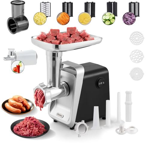 Huanyu Picadora Eléctrica Multifunción Rallador de Queso y Cortadora de Verduras con Embutidora de Chorizos (Negro)