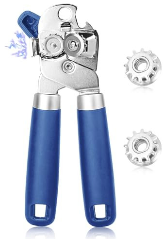 Can Opener Manual, Heavy Duty Stainless Steel Can Opener with Magnet, Smooth Edge with Sharp Blade Tin Opener Kitchen Gadgets Two Replacement Blades (Blue)