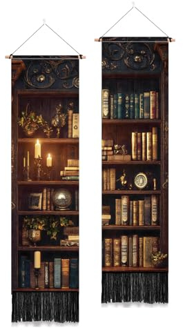 PLIGREAT 2 Pack Vintage Bücherregal Wandteppich mit Quasten für Wohnzimmer | Vertikaler Wandbehang im klassischen Bibliotheks-Stil, Lange Schmale Tapisserie für College-Wohnheim Schlafzimmer Wohnzimmer