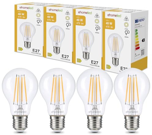 E27 LED Edison Glühbirne 4W (=40W), Vintage Warmweiß (2700K) LED Birne | Klares Glas & Filament, 470 Lumen Retro LED Birne, Energiesparend, Ideal für Wohnzimmer, Schlafzimmer & Deko, 4er-Pack