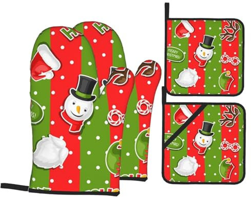 Ofenhandschuhe und Topflappen-Set, gestreift, Schneemannhut, hitzebeständig, Küchen-Backhandschuhe, rutschfeste Oberfläche zum Kochen, Backen, Grillen, Grillen