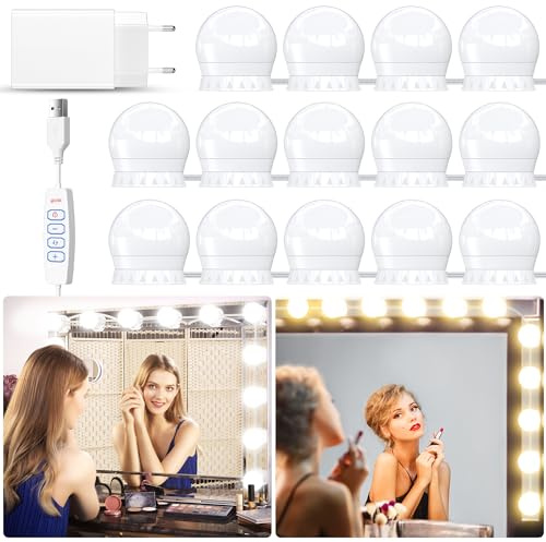 daphomeu 14 LED Spiegelleuchte mit Adapter, Hollywood Schminklicht | Dimmbare Make-up Spiegellampe mit 3 Lichtfarben & Memory-Funktion. Perfektes Schminklicht für Schminktisch & Badezimmer