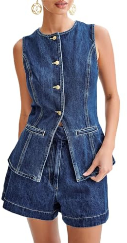 LYSINK Women's Denim Vest Tops Sleeveless High-Waist Button-up Back Slit Pocket Round Neck Waistcoat Jackets (Ba Blue, XL)