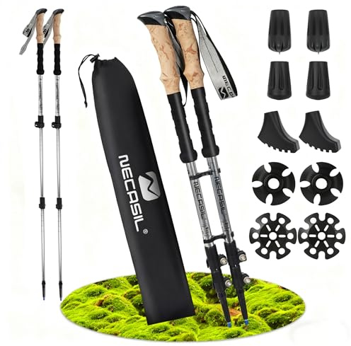 Bastoni da Nordic Walking in alluminio telescopici – Regolabili e pieghevoli 62–135 cm, ultraleggeri per donne e uomini con impugnatura in sughero e set di accessori (aggiornamento 2025)