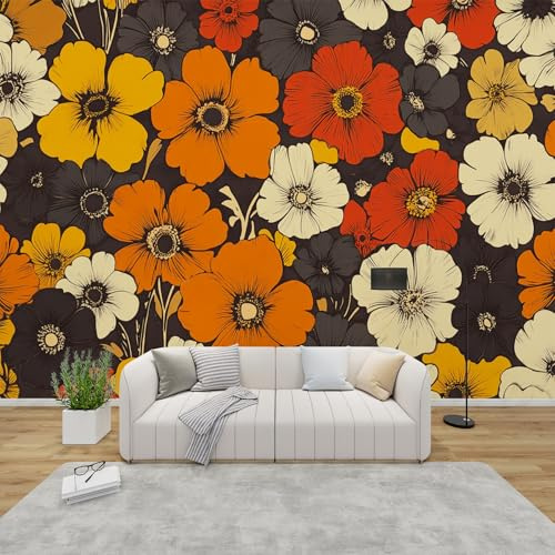 PaxGloz Fototapete Retro Blumen Muster Tapete Orange Gelb Vliestapete Modern Wandtapete Wohnzimmer Schlafzimmer Kinderzimmer Vintage Stil Wanddeko Motivtapeten 200 x 140 cm (B x H)