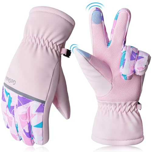 GoSkala Gants de Vélo pour Enfants de Sport d’Hiver, Chauds à Écran Tactile pour Enfants et Gants de Course - Antidérapants et Coupe-Vent, Rose