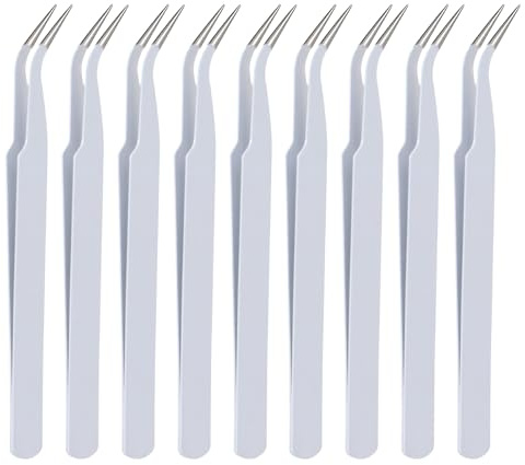 Lot de 9 pinces à cils blanches en acier inoxydable - Pince de précision incurvée - Pince à épiler professionnelle pour extensions de cils