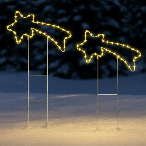 Fiada 2 Stück 40 x 100 cm LED Sternschnuppe Weihnachten Metall Gartenstecker Weihnachtsbeleuchtung Sternschnuppe mit Timer Stern Lichterkette für Außen Fenster Weihnachtsdeko Party Hochzeit Garten