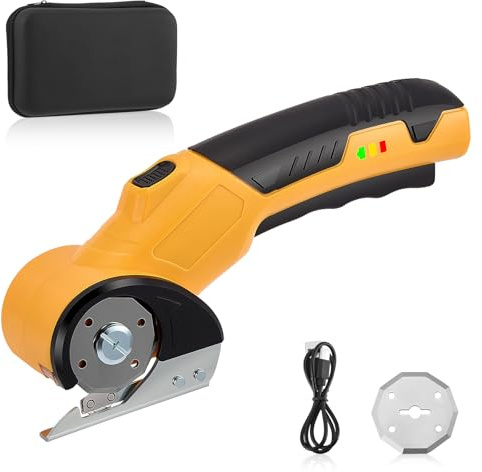 Brolteja Kartonschneider Elektrischer Schere,Rollschneider Akku-Universalschneider Rotationsschneider mit 2 Elbstschärfenden Klingen,Universalschneider Rotationsschneider für Pappe Stoff Teppich
