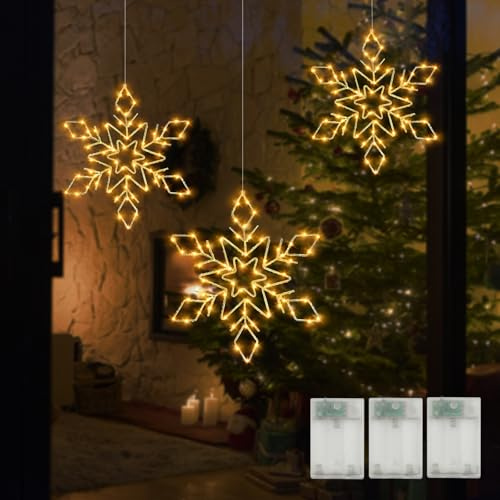 Weihnachtsbeleuchtung Fenster 3 Stück,Weihnachtsdeko Deko LED Schneeflocken Weihnachten,Schneeflocke Weihnachtsstern Fenster Tür, Lichterkette Fensterdeko Weihnachtsdeko Innen Außen für Party,Balkon