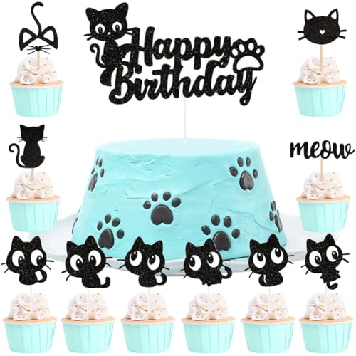 HGSHUO Katze Tortendeko Geburtstag Kuchen Deko Katzen Cupcake Topper Happy Birthday Cake Topper Halloween Torte Deko Katzen Pet Party Kuchendeko 37 Stück