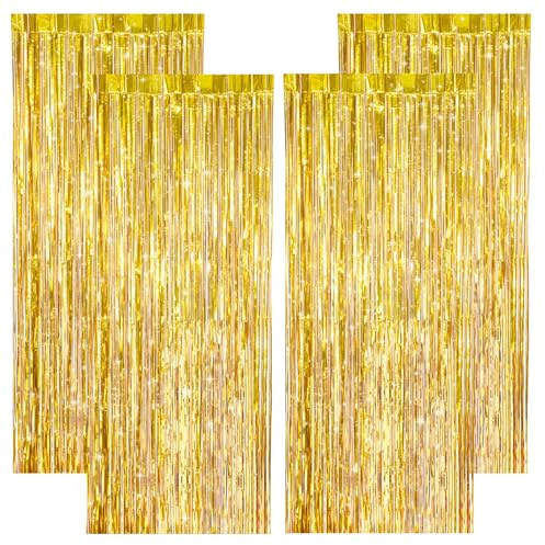 KICNIC 4 Stück Lametta Vorhang Gold Glitzer, 1m x 2.5m Glitzervorhang | Lametta Vorhänge, Tinsel Curtain, Fotowand, Geburtstag, Silvester, Disco, Halloween, Hochzeit, Weihnachten Party Deko