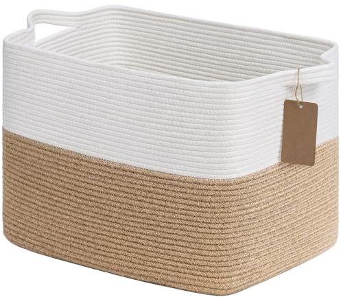 TIMEYARD 50L Gewebter Aufbewahrungskorb, Wäschekörbe, Baumwollseilkörbe mit Griffen für Spielzeug, Deckenkorb für Wohnzimmer, Schlafzimmer, 46 x 36 x 30 cm,Jute & Weiß