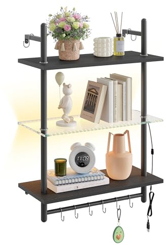 Bestier 60 cm 3-stufiges schwebendes Rohrregal, industrielles wandmontiertes Leiterregal mit Rundrohr und Haken, Holzregal für Dekoration und Aufbewahrung (Schwarz, 60CM)