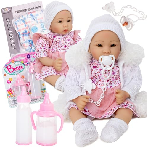 Doris Babypuppe, Duftende Puppe mit Zubehör, Blumenkleid, 40 cm, Fläschchen, Windel, Schnuller