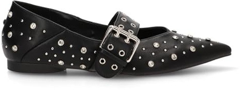Etika Zapatos Planos de Punta Fina para Mujer, Bailarina Estilo Mary Jane con Tiras de Strass Brillantes y Cierre de Hebilla, Modelo 63316 Negro - 37
