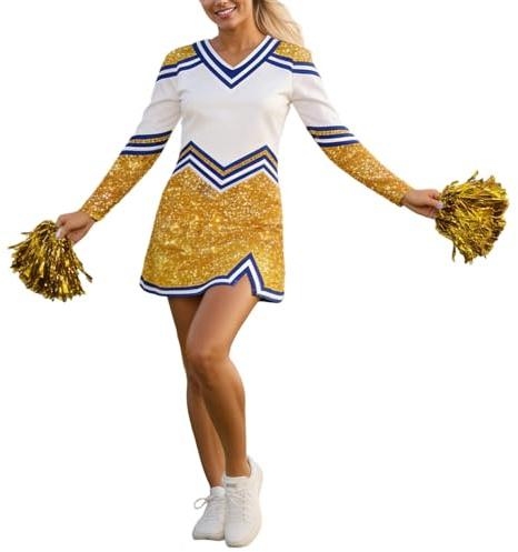 WAZHAKU Cheerleader Kostüm Damen Fasching Karneval Uniform Kleid und Pompom Cheerleading Karnevalskostüme Sexy Faschingskostüme Cheerleading Outfit Uniform Tanzkleid für Fasching Karneval Kostüm