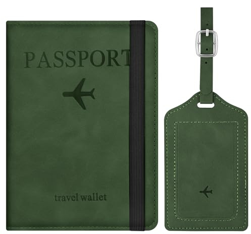 APXEL Reisepasshülle und Kofferanhänger Set, Reisepasshülle RFID Blocker Passport Hülle PU-Leder Travel Wallet Reisepass Organizer Tasche für Bankkarten Kreditkarten Reisedokumente (Grün)