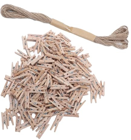 TOPINCN Mini Pinzas para Ropa, 200 Pinzas Pequeñas de Madera con Cordel de Yute, para Fotos, Manualidades, Proyectos de Bricolaje, Colgar Ropa y Decorar.