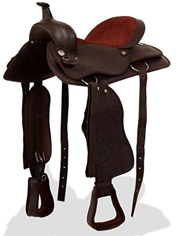 Runheo Sillín occidental de piel auténtica de 17 pulgadas marrón con cabestro, pectoral y correa resistente, versátil para equitación, volteo, doma, saltos y deportes ecuestres fuera de carretera