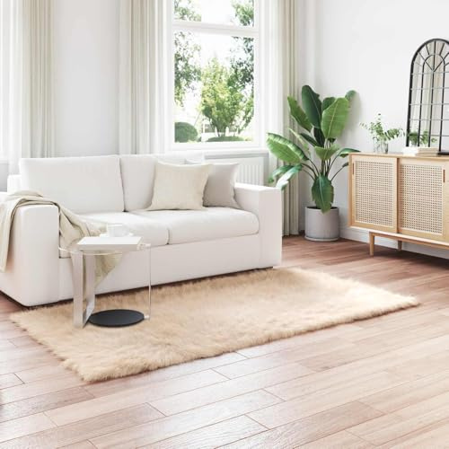 Augerlite Teppich aus Kunstschaffell TAFALLA Beige 100 x 200 cm Polyester, Flokati Stil, weicher Bodenbelag für Wohnzimmer Schlafzimmer Flur, pflegeleichtes Komfort-Accessoire